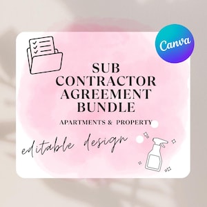 May include: A pink and white graphic design for a Subcontractor Agreement Bundle for Apartments & Property. The design includes the text "Subcontractor Agreement Bundle" and "Apartments & Property". The design also includes the text "editable design" and a Canva logo.