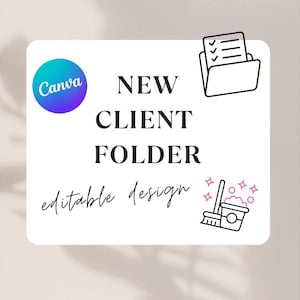 Puede incluir: Fondo blanco con el texto "NEW CLIENT FOLDER" y "editable design". Un logotipo de Canva está en la esquina superior izquierda. La imagen incluye un icono de carpeta y un icono de útiles de limpieza.