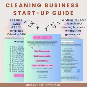 Puede incluir: Guía digital "CLEANING BUSINESS START-UP GUIDE" con 16 páginas y 4 plantillas gratuitas. Cubre temas como iniciar un negocio de limpieza, precios y comunicación con el cliente. Incluye una sección de bonificación con herramientas adicionales.