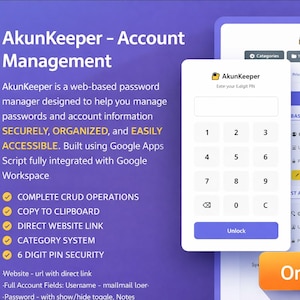 Op de afbeelding: Digitale interface voor AkunKeeper accountbeheer, met een inlogscherm met numeriek toetsenbord en wachtwoordweergave. De interface toont accountgegevens en een oranje "Order Now" knop.