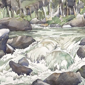 May include: Watercolor painting of a river scene with large gray rocks and rushing water. The water is white and foamy as it flows over the rocks. Trees line the background, adding green and brown hues to the landscape.