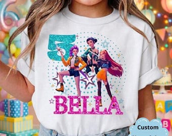 Camiseta personalizada con nombre y edad de Huntrix, camiseta personalizada de cazadores de demonios de Kpop, regalo personalizado de cumpleaños de Huntrix, Kpop Demon Huntrix