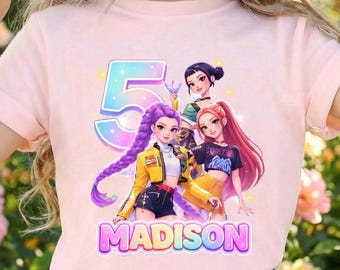 Camiseta personalizada de Huntrix para niña, camiseta personalizada de Kpop Demon Hunter para cumpleaños, regreso a clases, regalo para fan de Huntrix, regalo de cumpleaños para niña