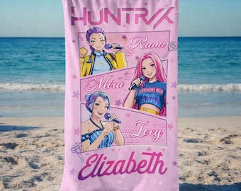 Toalla de playa Kpop Demon Huntrix Huntrix, toalla de piscina de anime Rumi Mira Zoey, regalo con nombre personalizado, toalla de piscina con nombre personalizado, regalo para fans de toallas Kpop