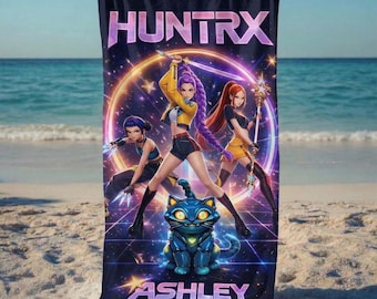 Toalla personalizada de Huntrix Demon Girl Kpop, toalla de playa/piscina de anime con nombre personalizado, regalo de vacaciones de verano para fans, regalo de merchandising de Kpop Demon Huntrix