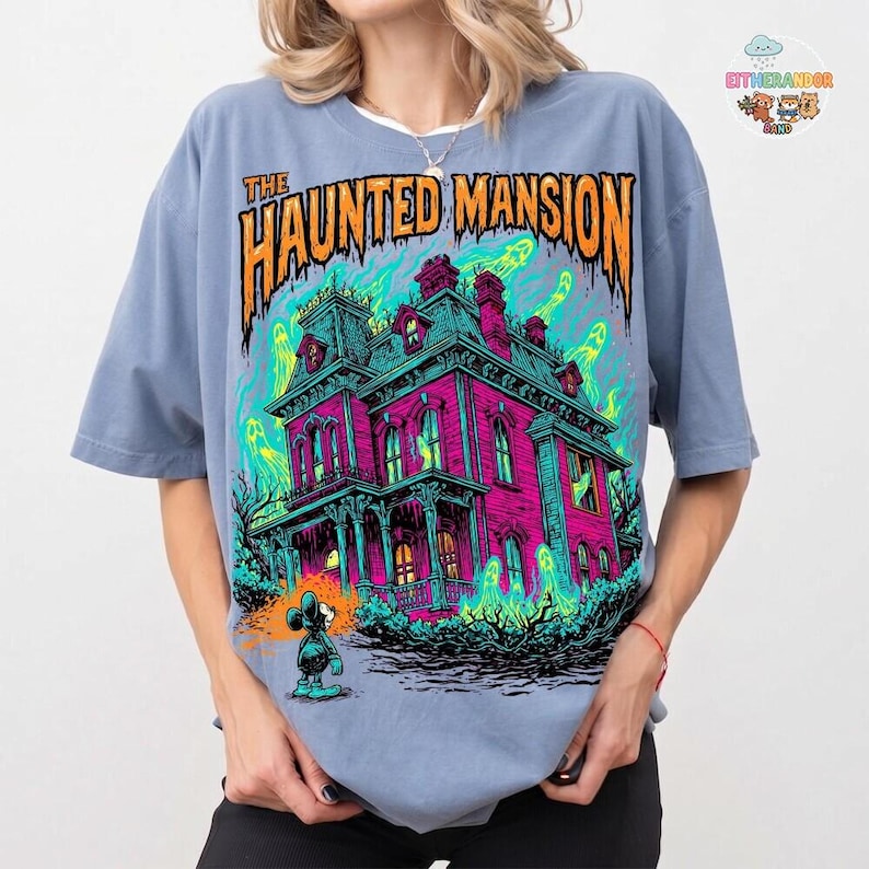 Koszulka z nawiedzonym dworem Disneyland, koszulka z kolorowymi nadrukami Disneyland na Halloween, koszulka z okazji imprezy Disneyland Not So Scary Halloween Party 2026 zdjęcie 5