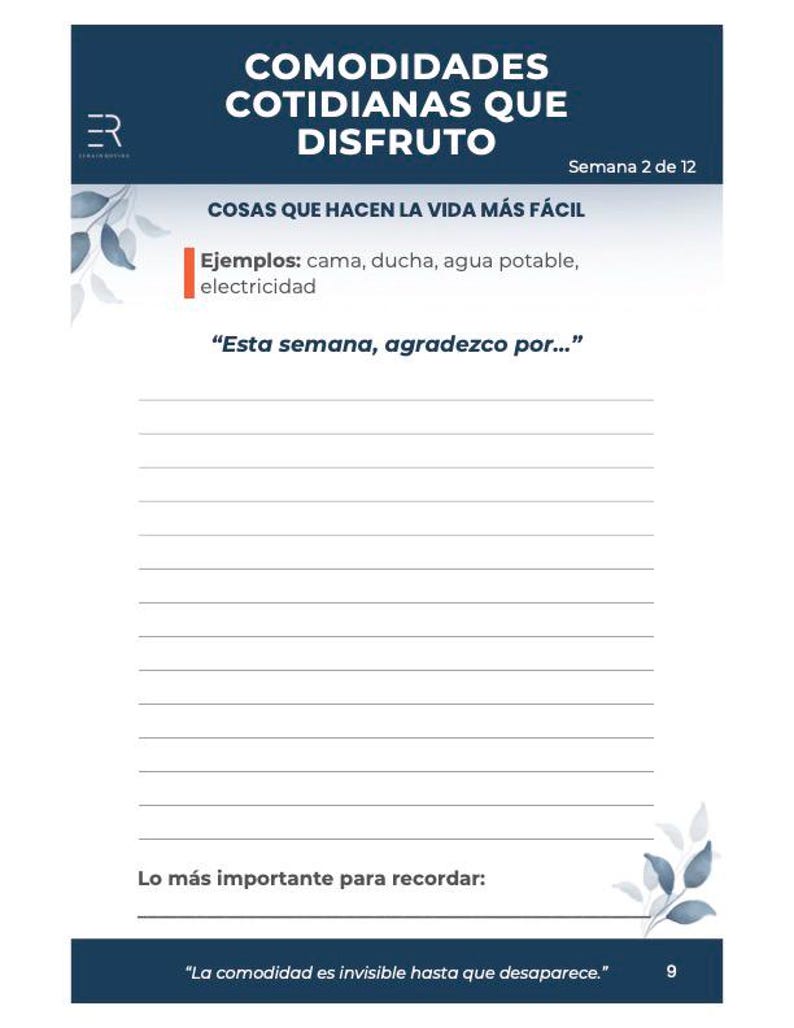 May include: A white notebook page with the title "COMODIDADES COTIDIANAS QUE DISFRUTO" in dark blue. The text "COSAS QUE HACEN LA VIDA M&Aacute;S F&Aacute;CIL" is also present, along with examples like "cama, ducha, agua potable, electricidad."