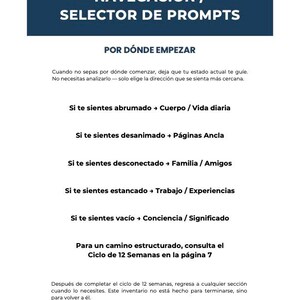 May include: A white document with dark blue headers and text. The title reads "NAVEGACI&Oacute;N / SELECTOR DE PROMPTS" and "POR D&Oacute;NDE EMPEZAR". The document provides guidance on selecting prompts based on feelings, such as feeling overwhelmed or disconnected.