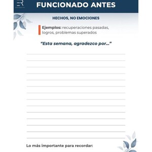 May include: A journal page with text in Spanish. The top banner reads "EVIDENCE THAT MY LIFE HAS WORKED BEFORE." Below, it says "FACTS, NOT EMOTIONS." The page includes lines for writing and the quote, "Facts are stronger than feelings."
