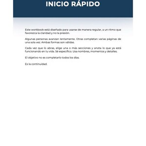 May include: A white workbook with the title "INICIO R&Aacute;PIDO" in large, bold, white letters on a dark blue background. The workbook contains Spanish text about using the workbook regularly.