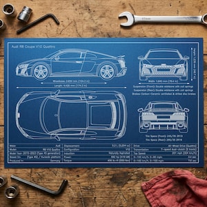 May include: A blueprint-style illustration of an Audi R8 Coupe V10 Quattro, showcasing side, top, front, and rear views. Includes specifications like wheelbase (104.3 in), length (174.3 in), and engine details. The image is on a blue background.