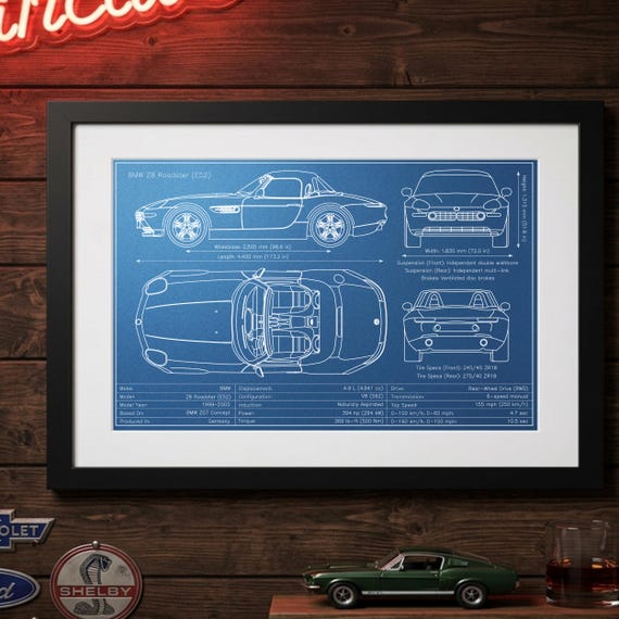 BMW Z8 Roadster Blueprint Art Print – Pen Plotted Automotive Wall
