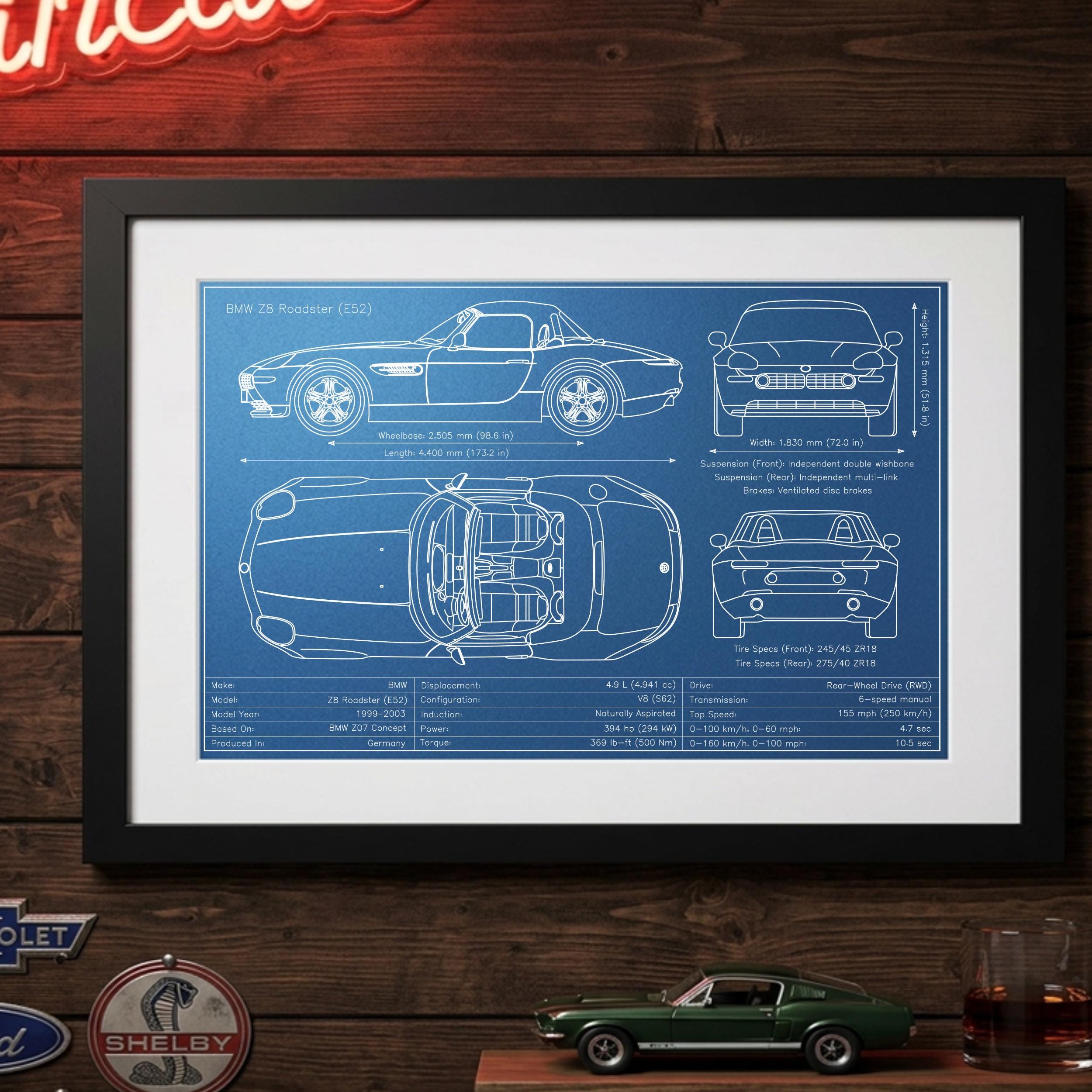 BMW Z8 Roadster Blueprint Art Print – Pen Plotted Automotive Wall
