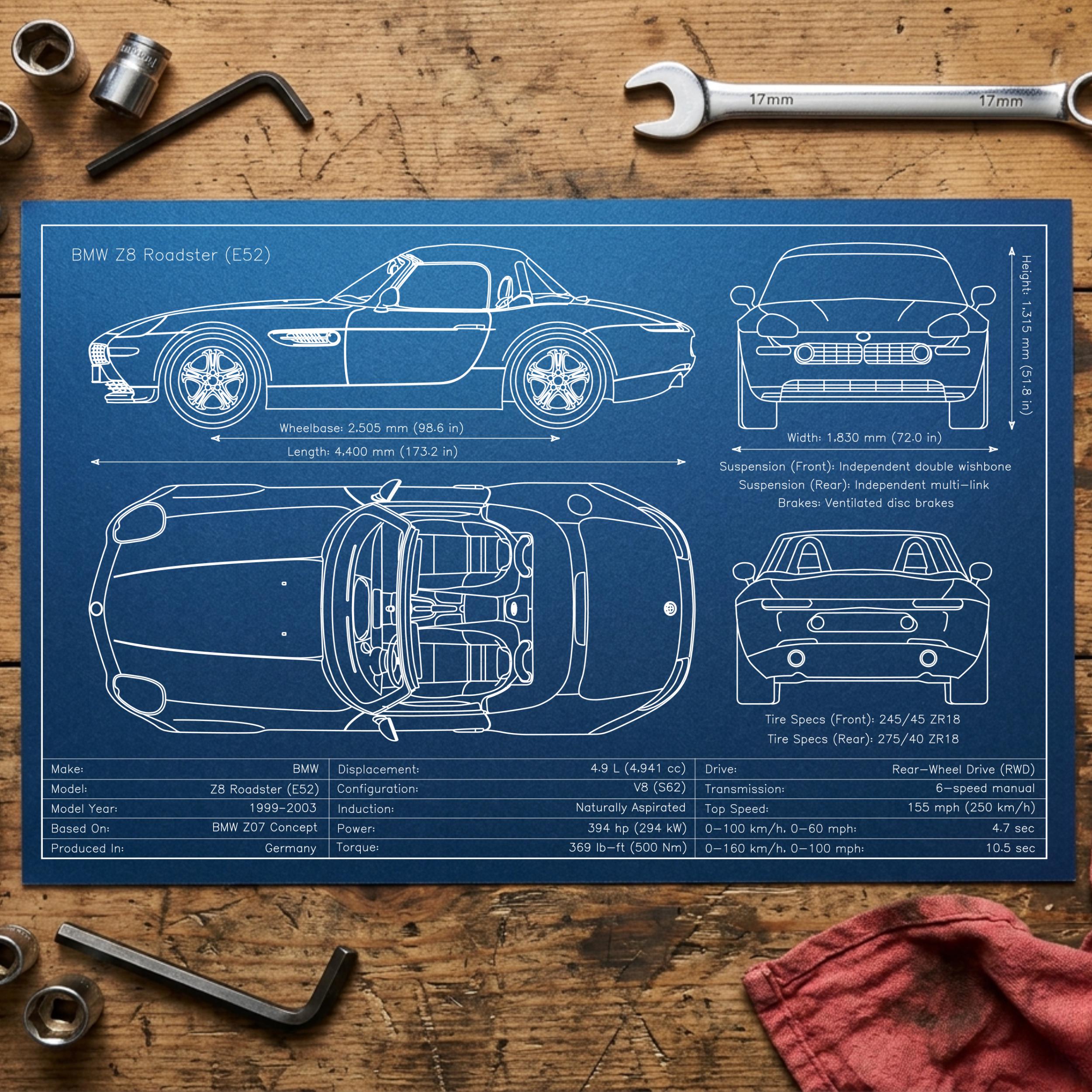BMW Z8 Roadster Blueprint Art Print – Pen Plotted Automotive Wall