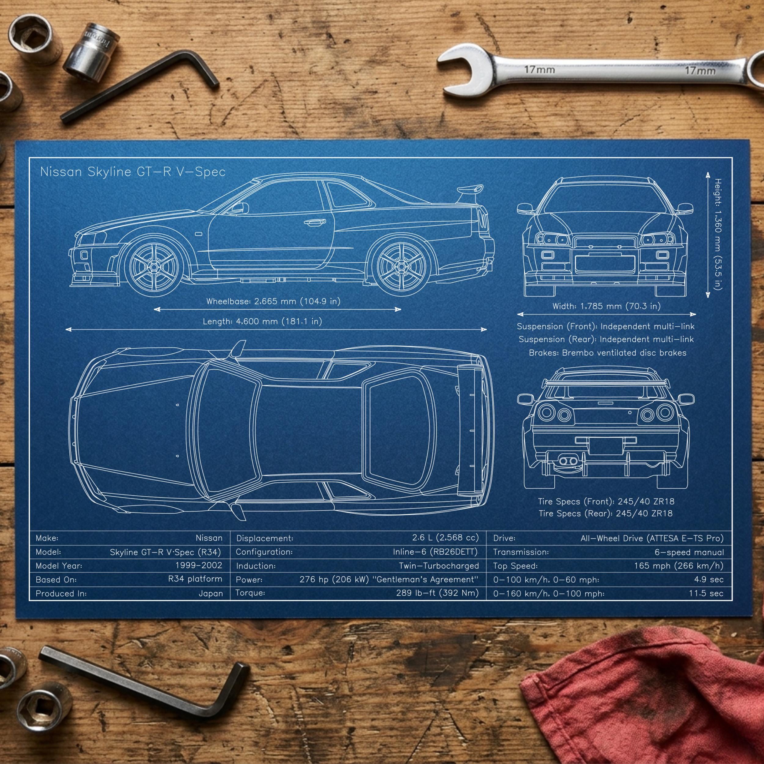 Car Bulprint Gt R R34 Nissan Skyline R34 GT-R Blueprint Art Print – Pen Plotted Automotive ...