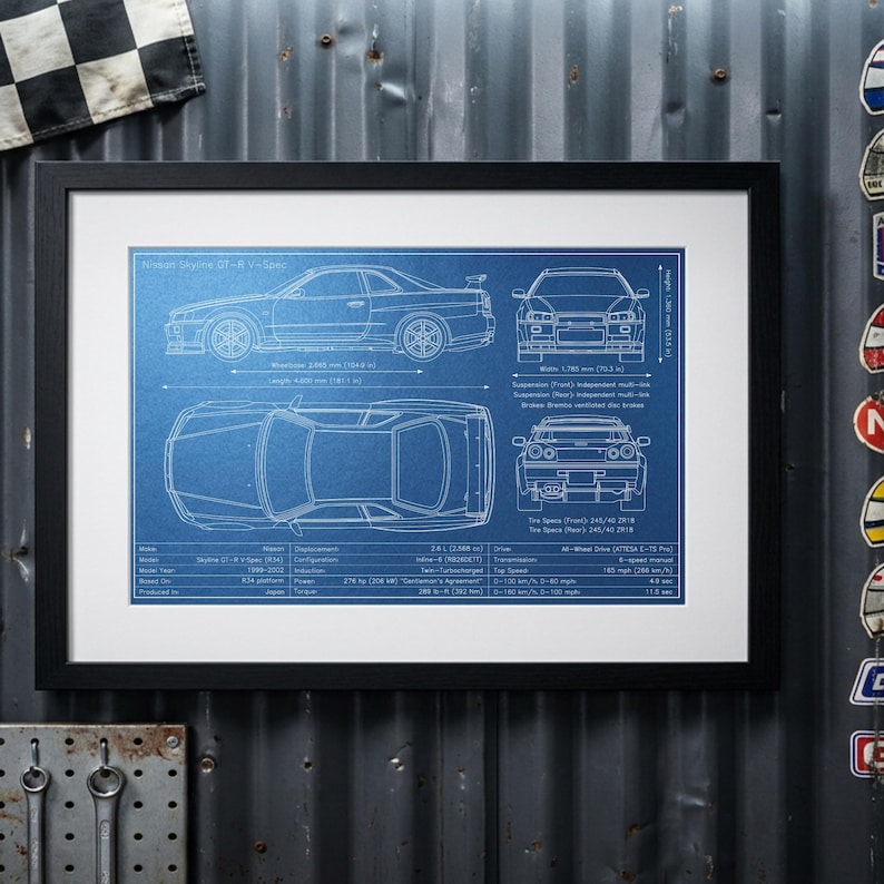 Nissan Skyline R34 GT-R Blueprint Art Print – Pen Plotted Automotive ...