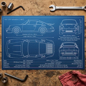 May include: Blueprint of a RUF CTR Yellowbird (1987) car, featuring side, top, front, and rear views with dimensions in inches and millimeters. Includes specifications like engine displacement, power, and top speed.