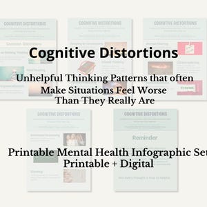 Op de afbeelding: Een infographic-set over 'Cognitieve Vertekeningen', met onbehulpzame denkpatronen die situaties verergeren. De tekst bevat 'Printable Mental Health Infographic Set' en 'Printable + Digital'.