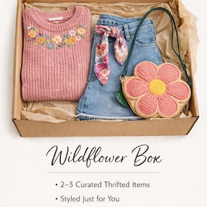 May include: A curated box with a pink sweater embroidered with flowers, denim shorts, a floral scarf, and a flower-shaped purse. The items are arranged in a cardboard box. The text "Wildflower Box" is at the bottom.