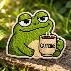May include: An embroidered patch featuring a green frog with a sleepy expression holding a beige mug. The mug has the word CAFFEINE printed in black letters with white steam rising from the dark brown liquid inside the cup.