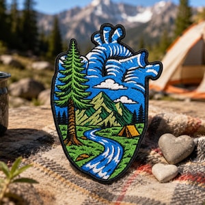 Heart-Shaped Nature Embroidered Iron-On Patch with Mountains, River, and Pine Tree for Backpack, Hat, and Jacket