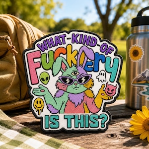 May include: A colorful embroidered patch featuring a three-eyed rabbit wearing lightning bolt sunglasses. The text reads WHAT-KIND-OF FUCKERY IS THIS? The design includes a green alien head, a small ghost, a melting smiley face, and a pink devil face.