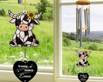 Personalized Sunflower Cow Memorial Wind Chime, Pet Loss Sympathy Gift