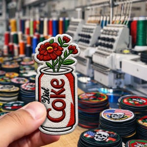 May include: Embroidered patch featuring a red and white Diet Coke can with red flowers. The patch has a white border and is held in front of a blurred background of sewing machines and spools of thread. The text "Diet Coke" is visible.