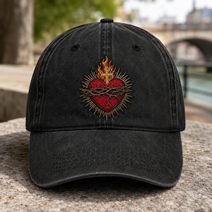 Sacred Heart Embroidered Vintage Washed Baseball Hat, Religious Gothic Cross Flame Washed Cotton Cap