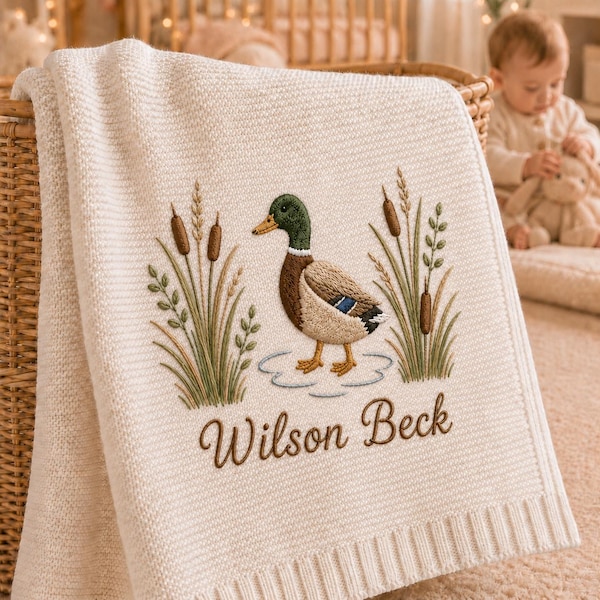 Personalized Mallard Duck Baby Blanket, Custom Full Name Embroidery, Welcome Baby Blanket, Nursery Keepsake