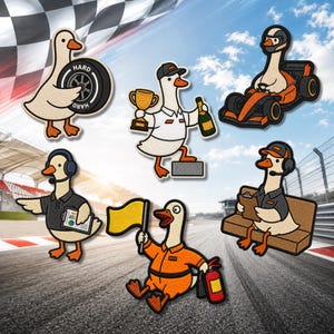 May include: A collection of six embroidered patches featuring geese in racing roles: one holding a tire labeled HARD, one with a trophy and champagne, one driving an orange race car, one with a headset and clipboard, one holding a yellow flag with a fire extinguisher, and one with a headset on a bench.