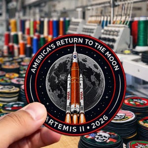 May include: Embroidered patch with the text "AMERICA'S RETURN TO THE MOON" and "ARTEMIS II • 2026". The patch features a rocket ship in front of a gray moon, with the NASA logo. The patch is round with a black border.