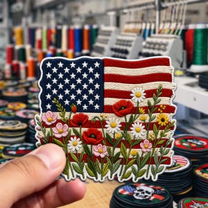 May include: Embroidered patch featuring the American flag with a floral design. The flag's blue field has white stars, and the stripes are red and white. Flowers include red poppies, daisies, and pink blossoms. The patch is held in a hand.