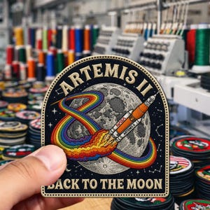 May include: Embroidered patch featuring the Artemis II mission. The design includes a rocket launching from a rainbow path towards a detailed moon, with the text "ARTEMIS II" and "BACK TO THE MOON". The patch has a black border and is held by a hand.