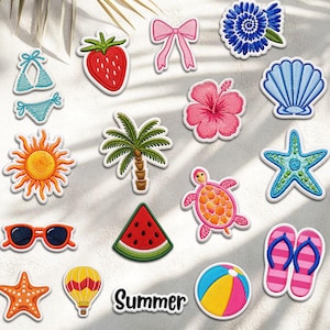 May include: A collection of embroidered patches with a summer theme. Includes a bikini, strawberry, bow, flower, seashell, sunglasses, sun, palm tree, watermelon, turtle, starfish, hot air balloon, beach ball, and flip-flops. The word "Summer" is also included.