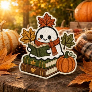 Cozy Ghost Reading Embroidered , Autumn Book Lover Patch, Fall Pumpkin Patch
