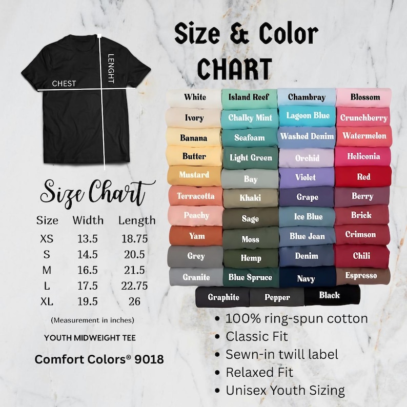 May include: A black t-shirt with a size and color chart. The chart lists sizes XS to XL, with chest measurements from 13.5 to 19.5 inches and lengths from 18.75 to 26 inches. Color options include white, ivory, and black.