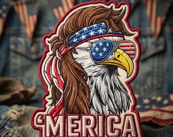 May include: An embroidered patch featuring a bald eagle with brown hair in a mullet style, wearing a blue headband with white stars and sunglasses with star-spangled lenses. The eagle has a yellow beak and the text 'MERICA' in bold red letters.
