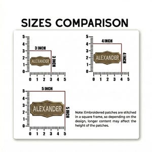 May include: A size comparison chart for embroidered patches featuring the text ALEXANDER on three rectangular patches with decorative edges. The chart displays three sizes: 3 inches by 3 inches, 4 inches by 4 inches, and 5 inches by 5 inches.
