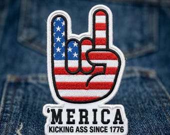 Merica Kicking Ass Since 1776 Embroidered Patch Iron On Patriotic USA Quote Badge