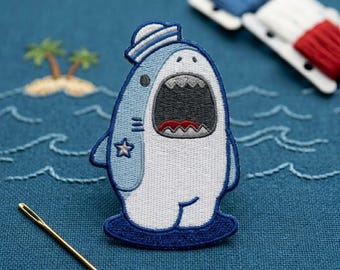 Cute Shark Embroidered Patch Iron On Funny Summer Beach Ocean Animal Applique for Jacket Hat