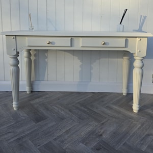 Cream Solid Oak Console Table, Gold Knobs, Reupholstered Vanity Desk