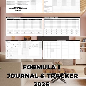 May include: A Formula 1 Journal & Tracker 2026, featuring various pages for race calendars, driver and constructor championship trackers, and race weekend activities. The journal includes sections for notes and information, all in a clean, organized layout.