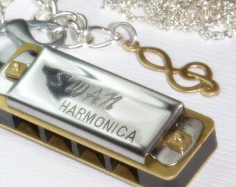 WORKING Harmonica necklace Music lover teens singer Gift rockabilly rock Rocker blues country party favor silver gold