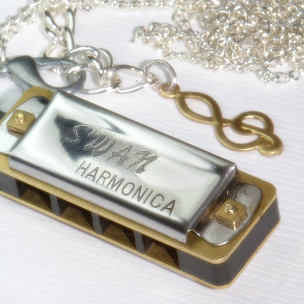 WORKING Harmonica necklace Music lover teens singer Gift rockabilly rock Rocker blues country party favor silver gold