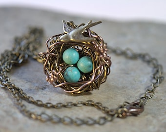 Personalized 1 to 7 eggs Custom BirdsNest necklace with Turquoise beads. Grandmother gift. Birdnest family pendant