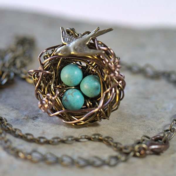 Personalized 1 to 7 eggs Custom BirdsNest necklace with Turquoise beads. Grandmother gift. Birdnest family pendant