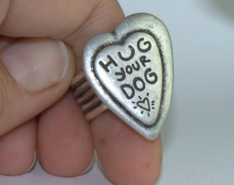 Puppy Love RING. Dog Lovers. Size 7 to 12. Pewter metal double silver heart. Pets black gray grey Teen Adults animal Best Friend Summer fun