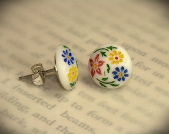 EARRINGS Stud post hypo-allergenic Vintage Red blue yellow floral milk glass from Japan. Primary happy colors. Spring flowers Summer fashion