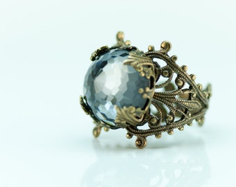 ANELLO Vintage regolabile Swarovski confezione regalo gioiello sfaccettato azzurro Ottone dorato anticato o in Argento misura 4 5 6 7 8 9 10 11 Zaffiro zaffiro